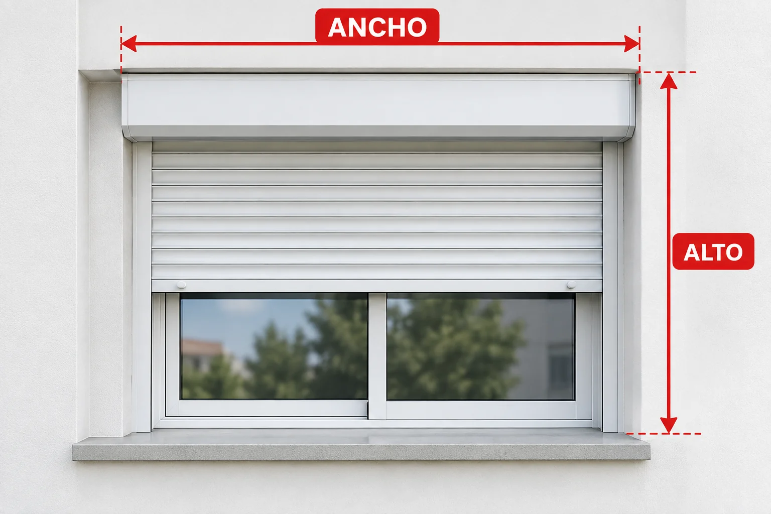 Esquema de medición de persiana: ancho horizontal y alto vertical